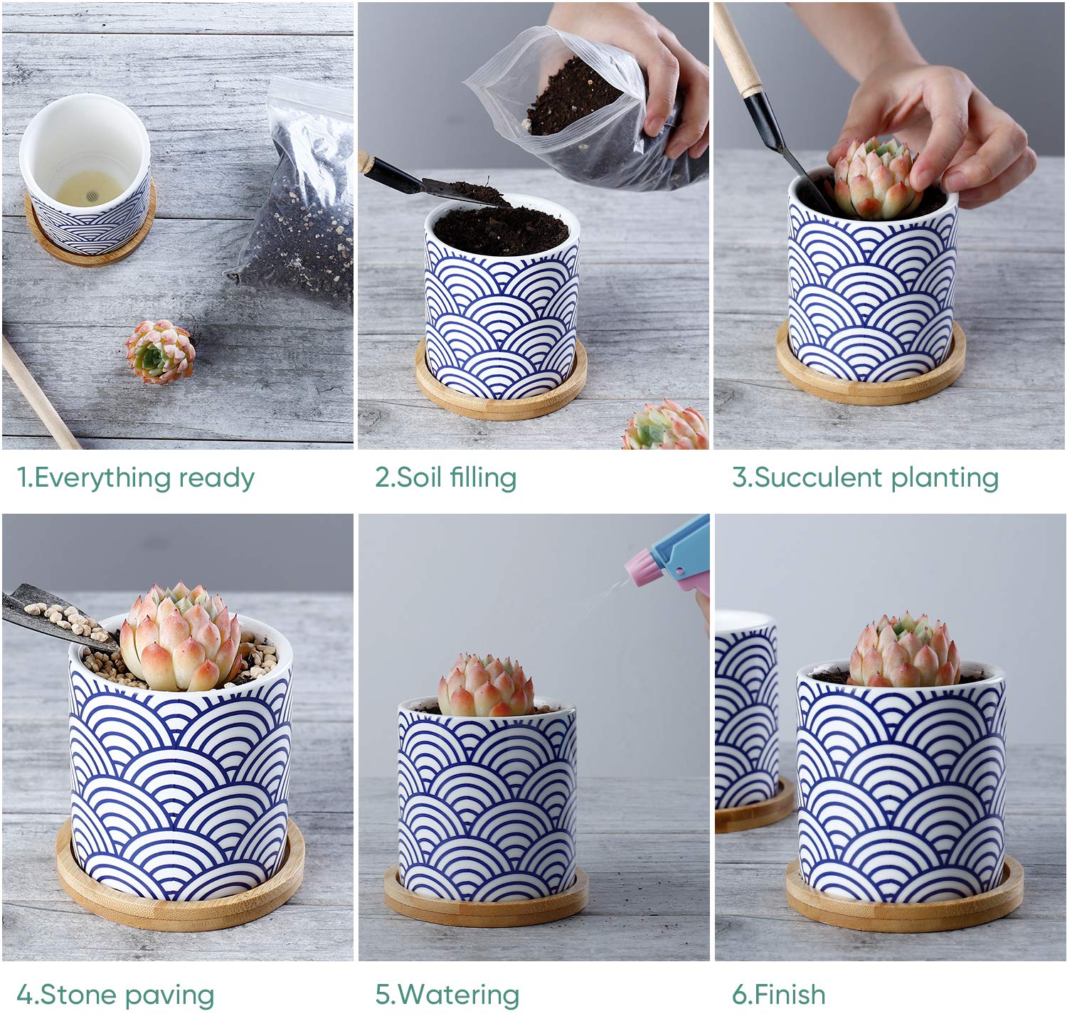 Greenaholics Succulent Pots - 3 Inch Pattern Japanese Style Cylinder Ceramic Planters for Small Succulent, with Bamboo Saucers, Set of 3 - Image 5