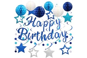 YEOCU Birthday Decorations, NO DIY, Pre-Strung Happy Birthday Banner with Honeycomb Balls, Hanging Swirls, Circle Dots Garland, Happy Birthday Party Decorations for Women Men Boys Girls (Blue)