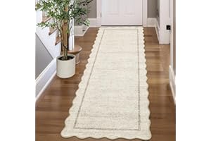 LUXLOOM Washable Runner Rug 2x6 Scalloped Runner Neutral Rug with Non Slip TPR Backing, Soft Thin Kitchen Mats, Low Pile Non 