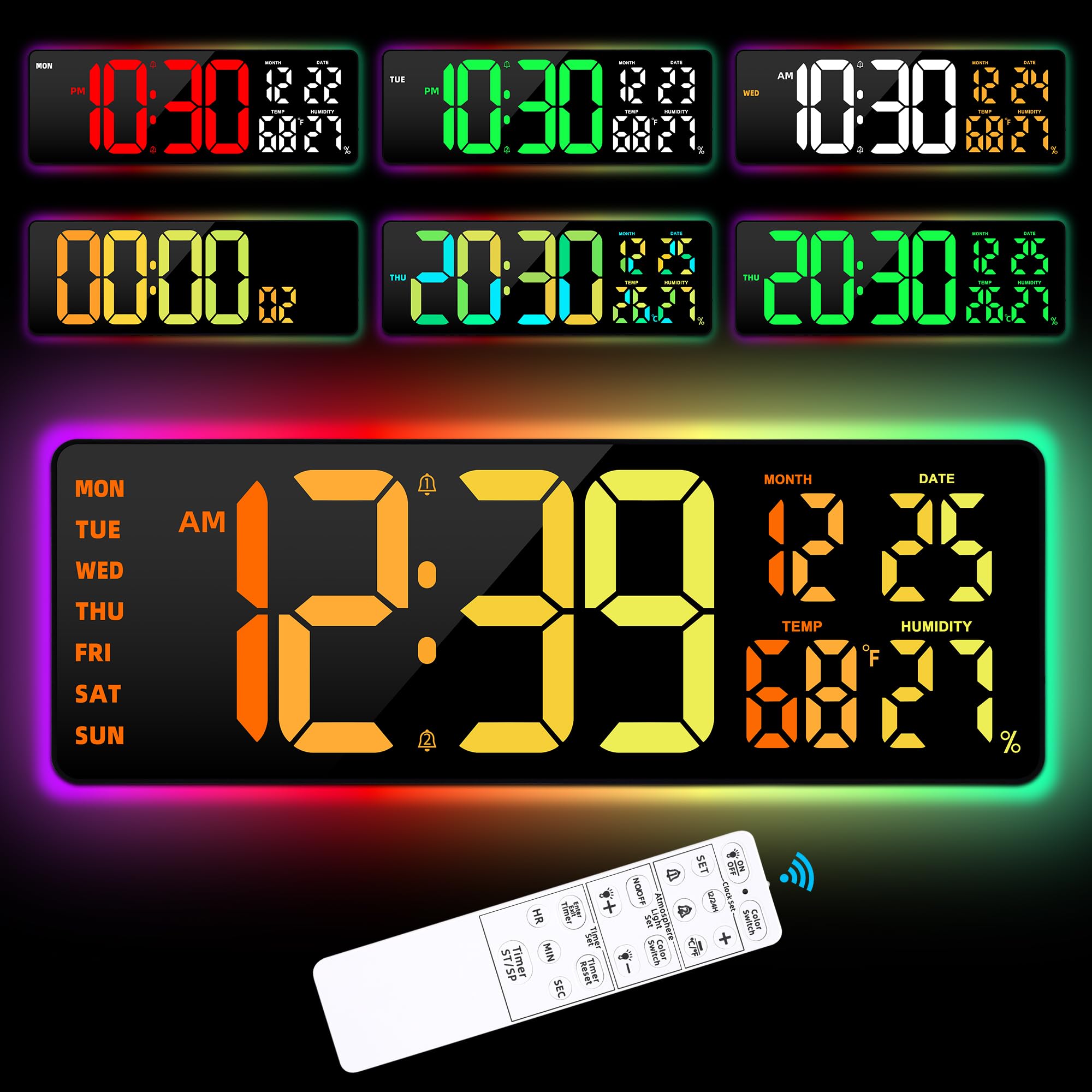 Photo 1 of Large Digital Wall Mount Clock 17.3", 15 Color Modes Jumbo Numbers, 8 Color Modes Atmosphere Lights, Led Large Display Auto-Dimming/DST, for Classroom Living Room Garage Gym, Gift for Senior Mom Dad