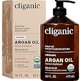 Cliganic Organic Argan Oil 16oz with Pump, 100% Pure | Bulk for Hair, Face & Skin (Packaging May Vary)