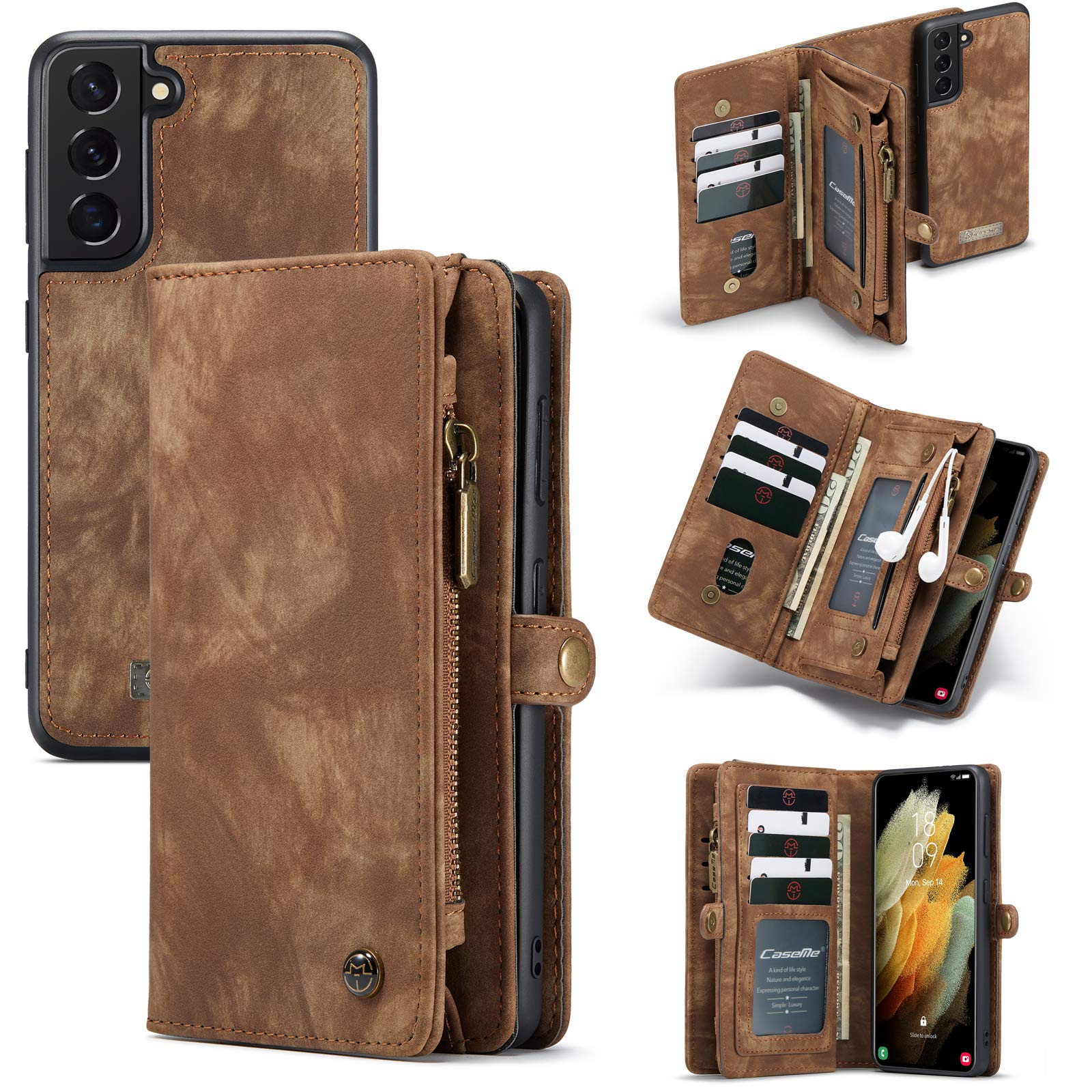 ANROD Detachable Leather Wallet Case for Samsung Galaxy S21 Plus,CaseMe Magnetic Closure 2-in-1 Flip TPU Shockproof Zipper Purse Back Cover with Card Slots (Coffee)