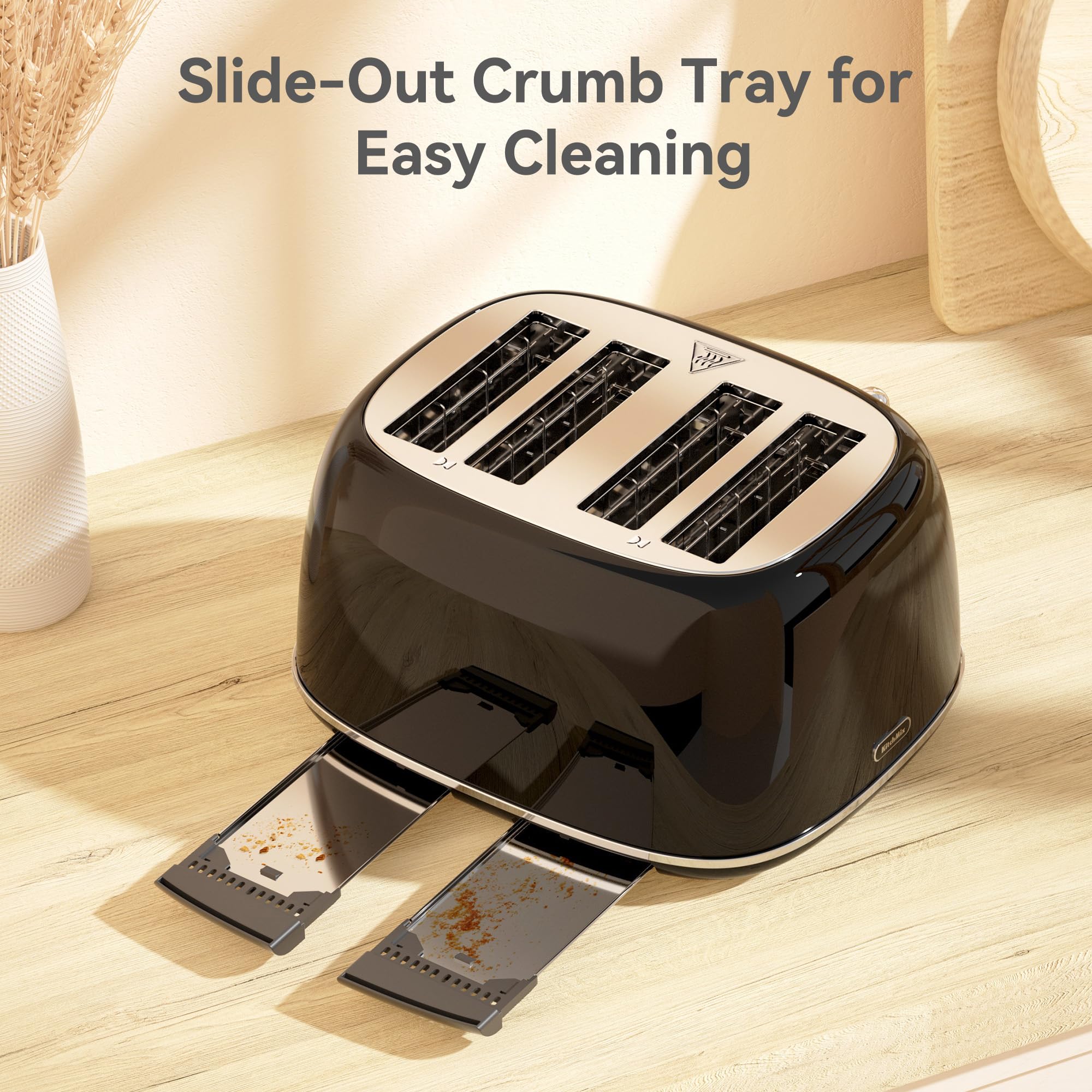 Tostadora de 4 rebanadas, tostadora retro de acero inoxidable con 6 configuraciones de pantalla de pan, ranuras de 1.5 pulgadas de ancho con funciones de cancelar/descongelar/recalentar, panel de control dual independiente, bandeja para migas de extracción (negro)