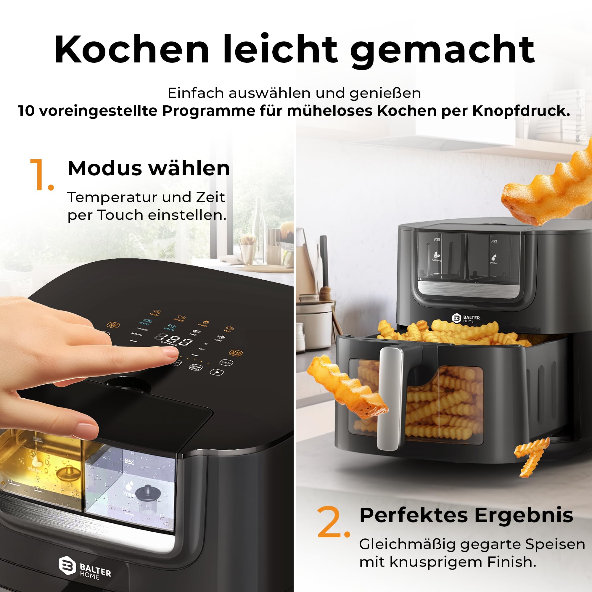 Balter Heißluftfritteuse Airfryer mit Öl- & Wasser-Spray Funktion für extra knusprige Speisen, 7,2L XXL, Heissluftfriteuse mit Sichtfenster, 10 Programme, Air Fryer, inkl. 100 Rezepte, HL-710 6