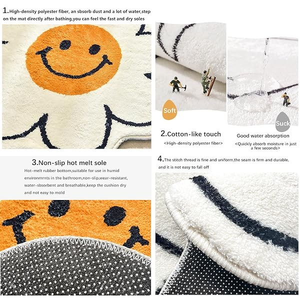 FOMAILE BATHROOM RUGS CUTE BATH MAT SUNFLOWER MAT HAPPY FACE RUG STRONG WATER ABSORPTION BATH RUG SUPER ABSORBENT AND FLUFFY MAT MACHINE WASHABLE BAHTUB MATS FOR SHOWER, TUB, BEDROOM 31.5IN