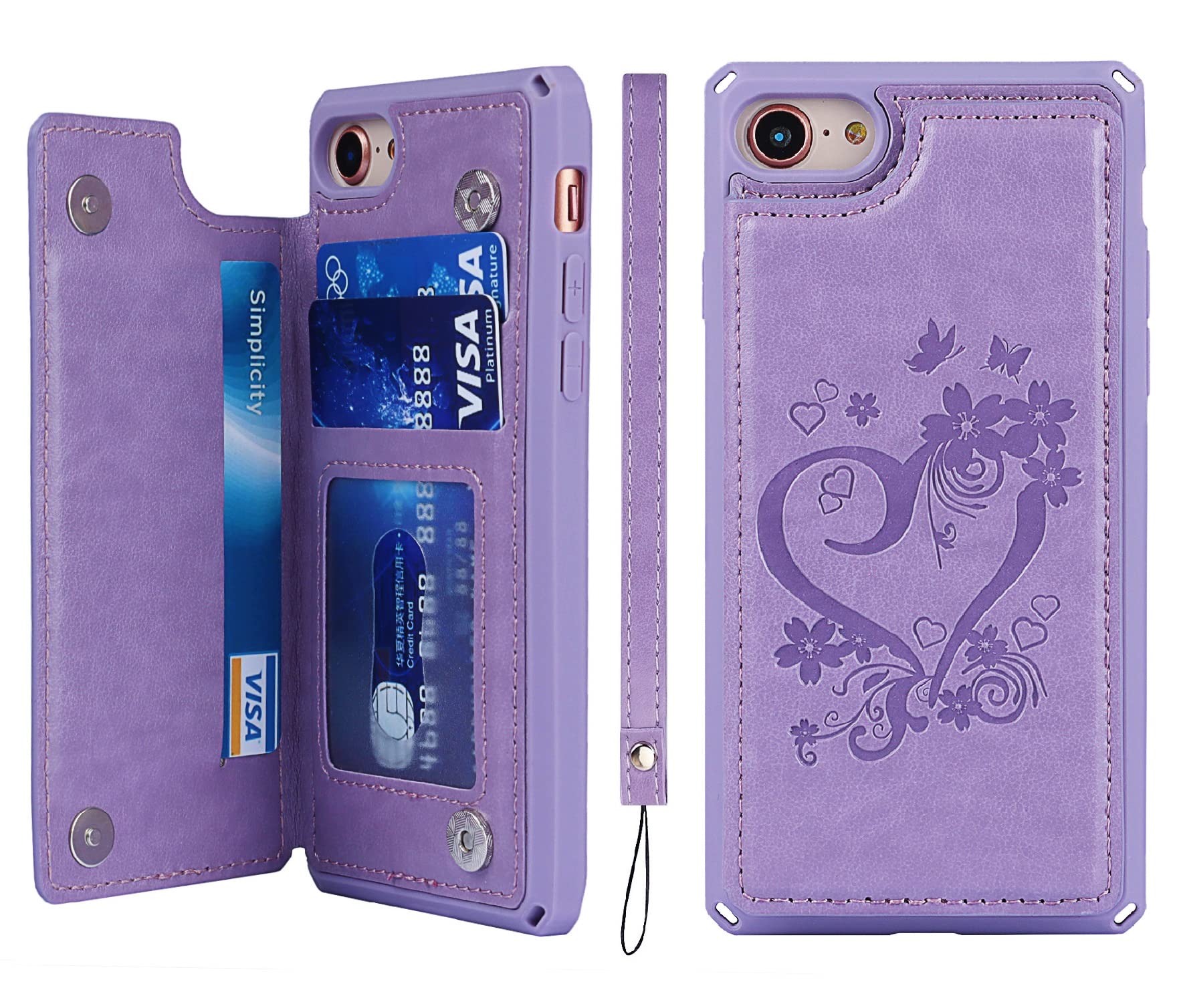 iCoverCase Compatible with iPhone SE 2022/SE 2020/7/8 Phone Case with Card Holder, Wallet Case for Women, RFID Blocking Embossed PU Leather Wrist Strap Case (Heart Purple)