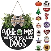 Interchangeable Wooden Seasonal Welcome Sign, Rustic Round Dogs Sign Front Door Wreaths for Home/Wall/Porch Decor, for Easter Spring Summer Fall Halloween Christmas All Season Decorations
