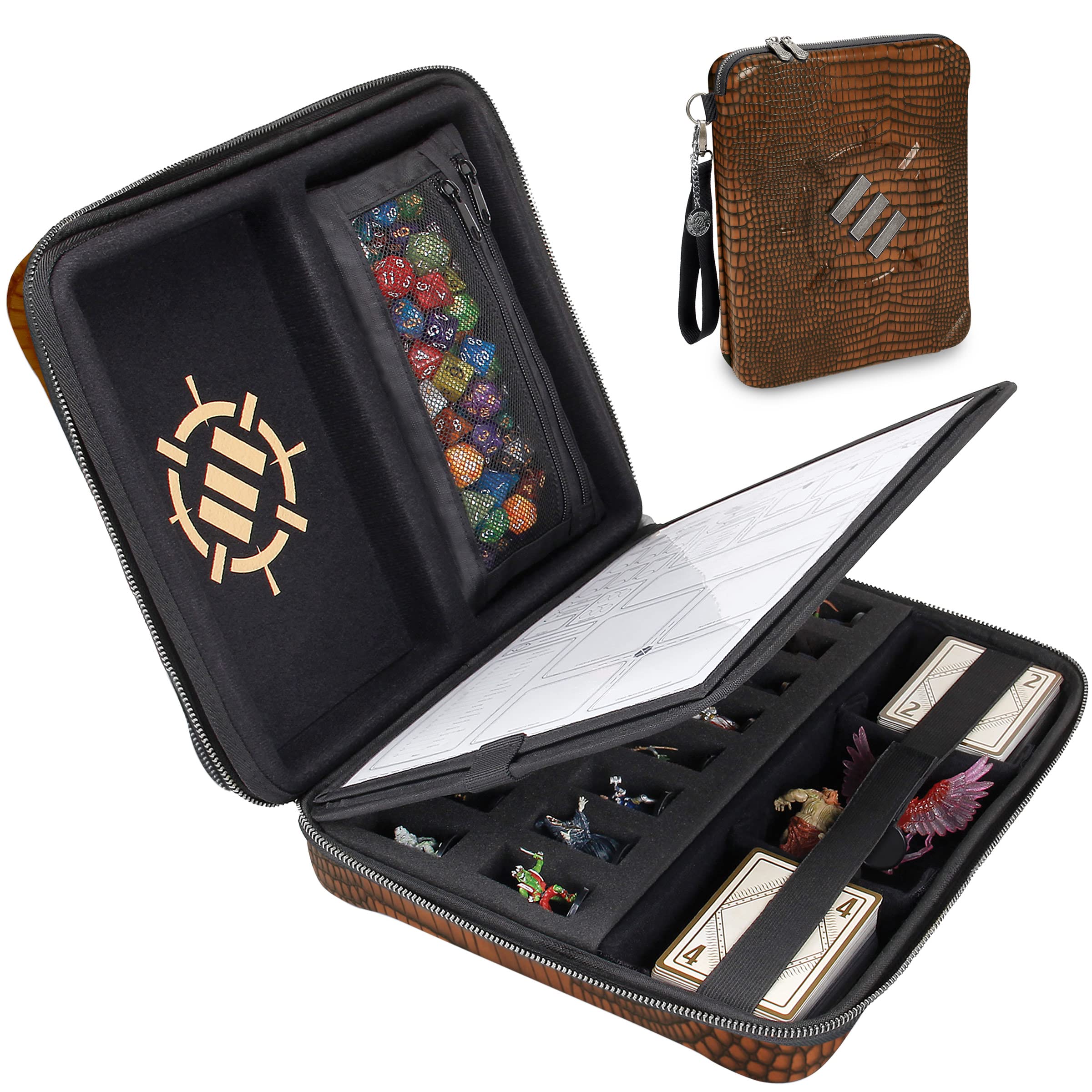 ENHANCE Collector's Edition RPG Organizer Case - DnD Binder with Built-in Character Sheet Holder and Erasable Scribe Panel, Dice Rolling Area, Removable Pen Pouch, Miniature Foam Tray (Dragon Brown)