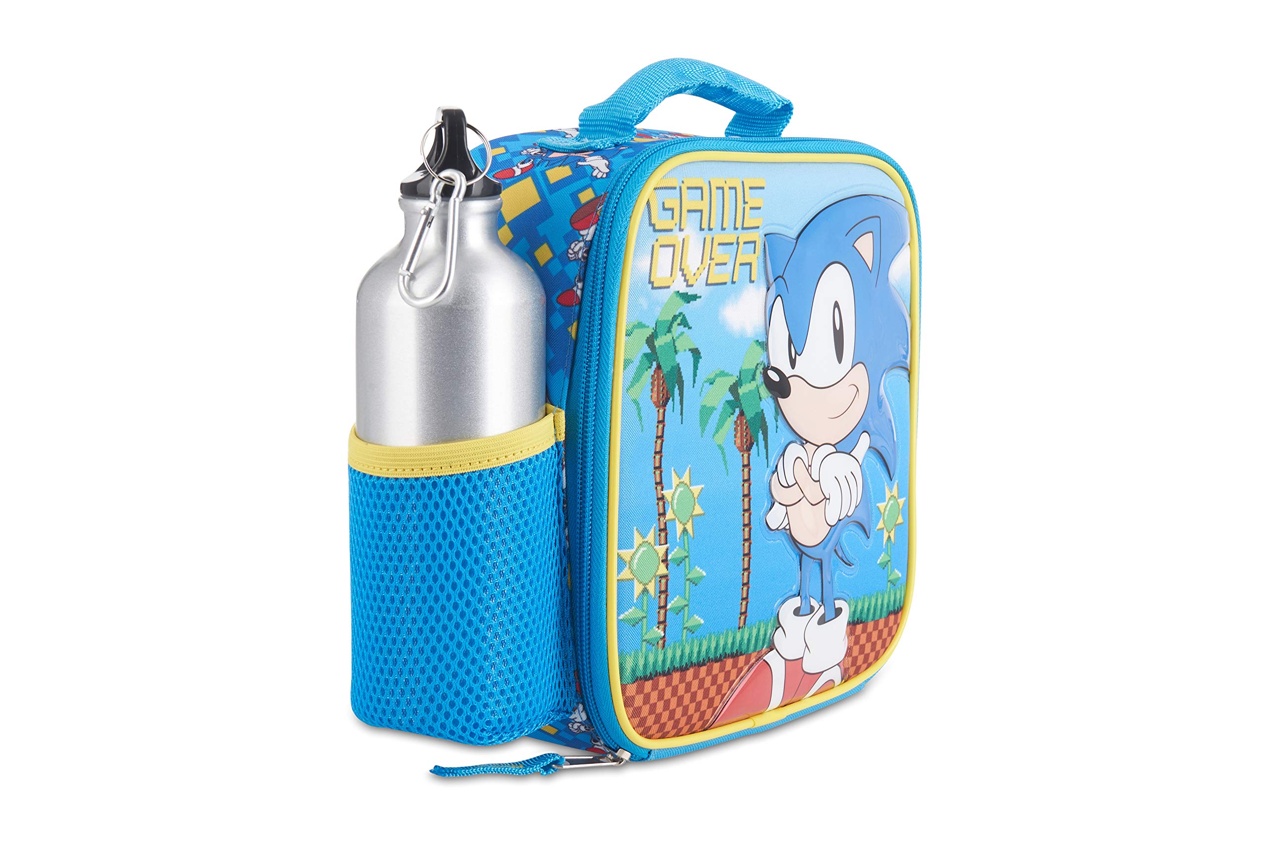 AI ACCESSORY INNOVATIONS Sonic Lunch Box Set for Boys & Girls, Stainless Steel Water Bottle with Carabiner Clip and Ice Pack, Insulated & Waterproof Lunch Bag with Zipper, 4 Pieces