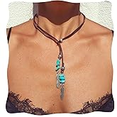 Turquoise Necklace, Vintage Lariat Necklace for Women, Boho Turquoise Choker Necklace Feather Pendant with Leather Cord, Handmade Western Style Jewelry