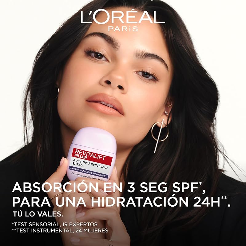 L'Oréal Paris Revitalift Filler Aqua-fluid SPF30 Filler, 24h de hidratação* com proteção solar UV, ácido hialurónico e niacinamida, absorção em 3 segundos, textura clara, formato de bolso, 40ml