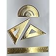 Golden Brass Ruler Stationery Set - Durable Brass Ruler (Isosceles - Right Triangular, 18cm Scale, Protractor)