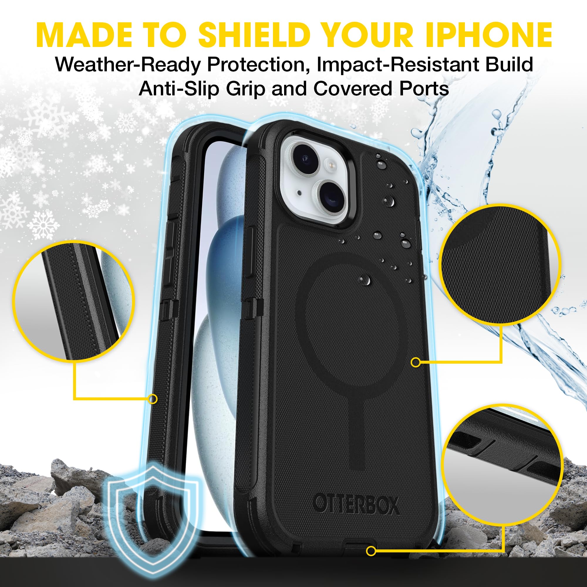 OtterBox Defender MagSafe Case for iPhone 16e, iPhone 15, iPhone 14, iPhone 13 – 7X Military-Grade Drop Protection, Rugged Grip Texture, Strap Anchors, Port Covers – Non-Retail Packaging – Black