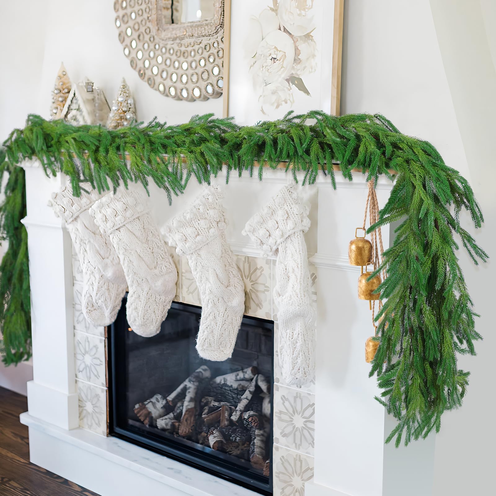 Photo 1 of Hananona 9 Ft 2 Pcs Artificial Norfolk Pine Garlands, Realistic Pine Garland, Green Artificial Greenery Garland for Table, Mantle, Wall, Indoor, Outdoor Winter Christmas Decorations (2, 9 FT)