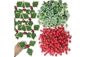 TIHOOD 300PCS Artificial Holly Berries with 100PCS Green Leaves rtificial Holly Leaves and Berries for Christmas Wreath Arrangement Cake Toppers Craft Wedding Party Home (Red)