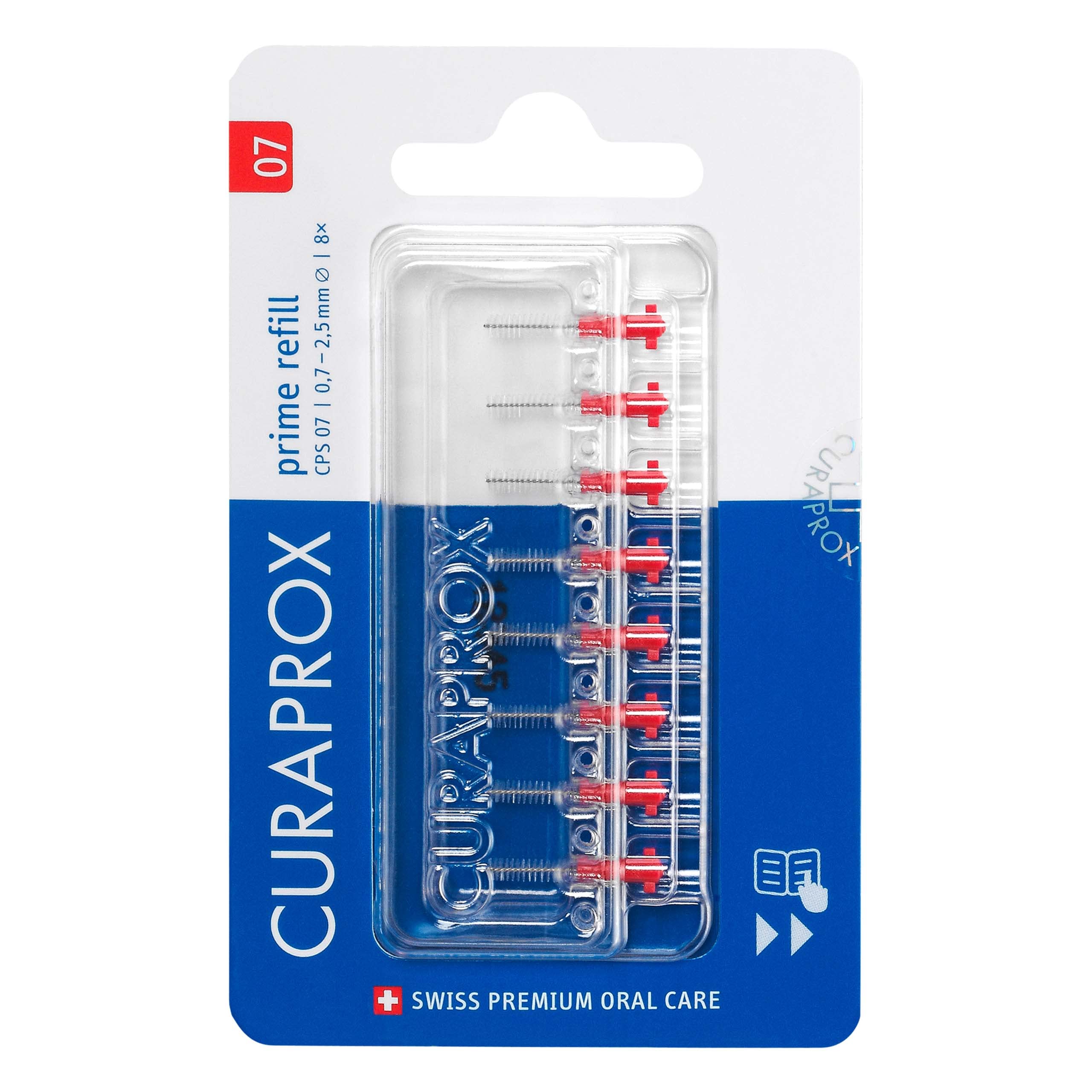 Curaprox Interdental Brush Refills CPS 07 Prime – ISO Size 1, Red | Ultra-Fine Filaments for Effective Cleaning of Tight Gaps | 8-Pieces | Made in Switzerland