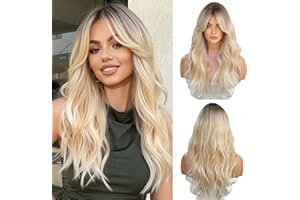 OUFEI Blonde Wigs for Women Long Curly Wig With Bangs Wavy wig with Dark Roots Natural Synthetic Hair for Daily Party Cosplay