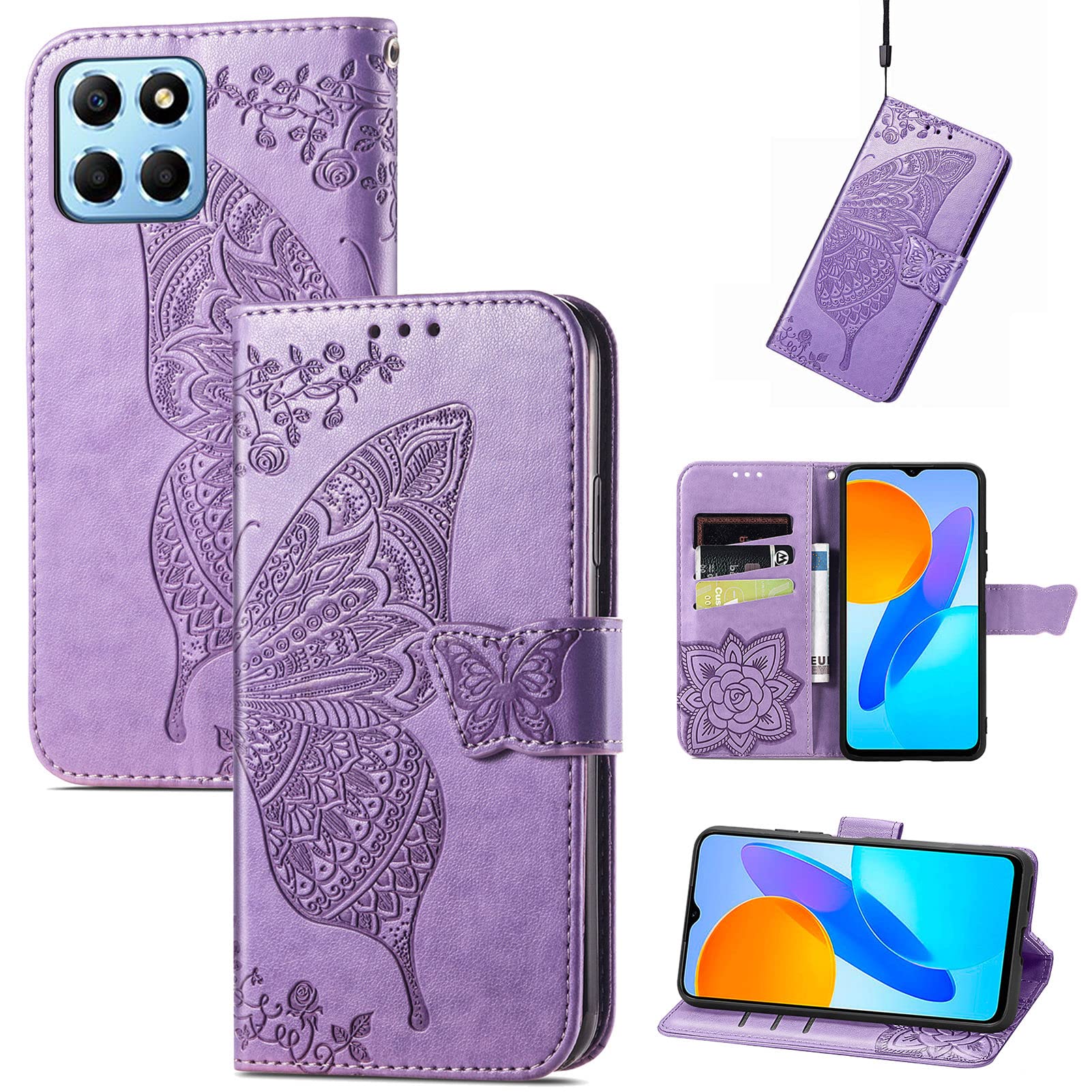 JIUNINE Case for Honor X6 / Honor X8 5G / Honor 70 Lite, Leather Wallet Case Flip Cover with Butterfly Embossed Pattern [Card Holder] [Magnetic Closure] [TPU Inner Shell] for Honor 70 Lite, Purple