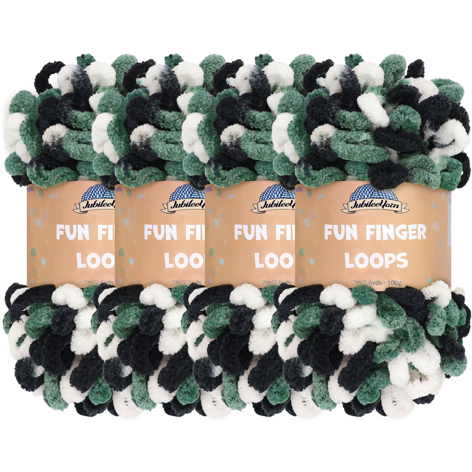 JubileeYarn Fun Finger Loops Yarn - Polyester Jumbo Weight Loop Yarn - 100g/Skein - White Black Green - 4 Skeins — image 1