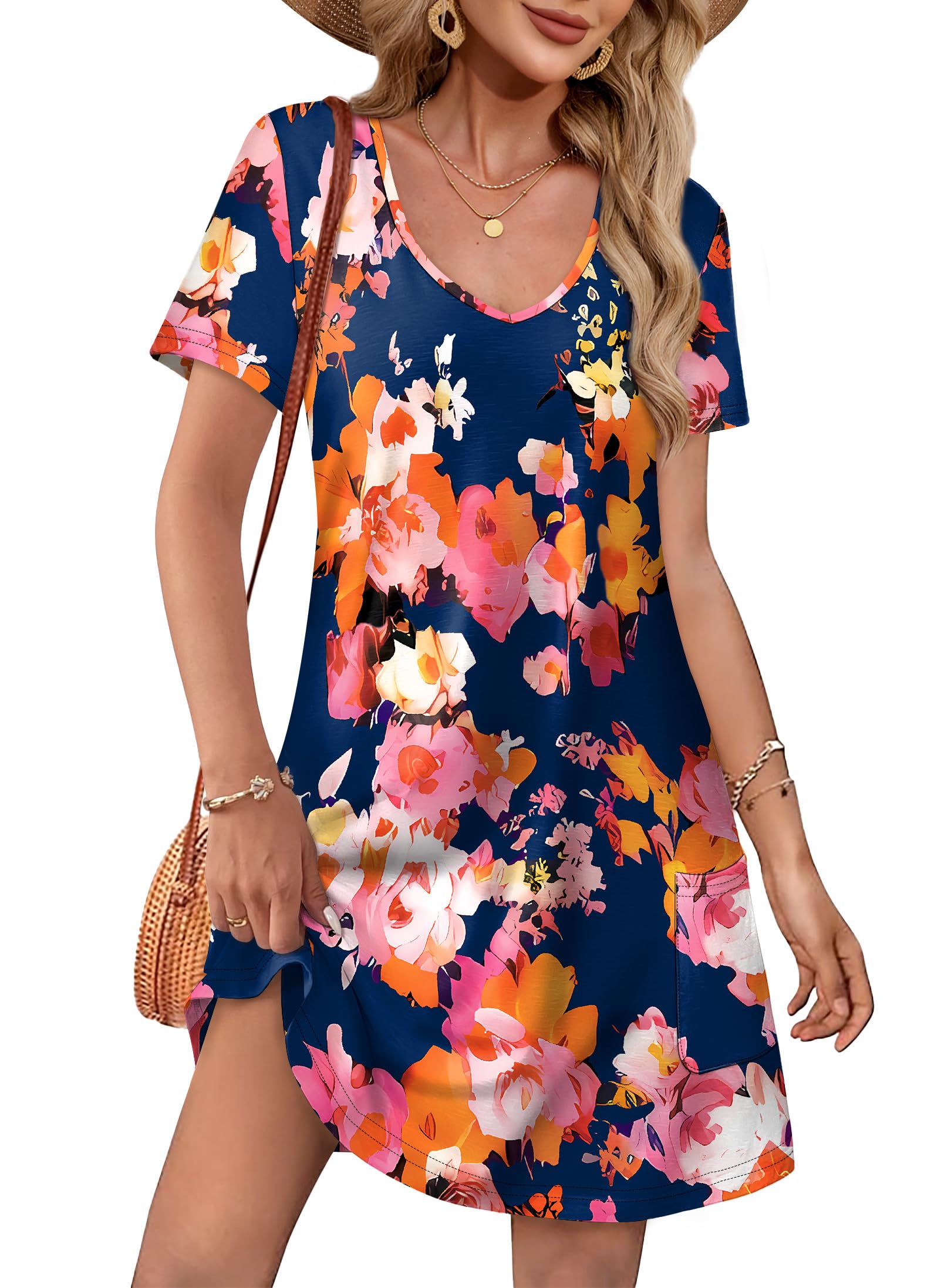 Photo 1 of OFEEFAN Plus Size Summer Dresses for Women 2025 V Neck Short Sleeve Loose Tshirt Dress Sundresses with Pockets Beach Vacation Clothes Essentials Floral 18 XXL
