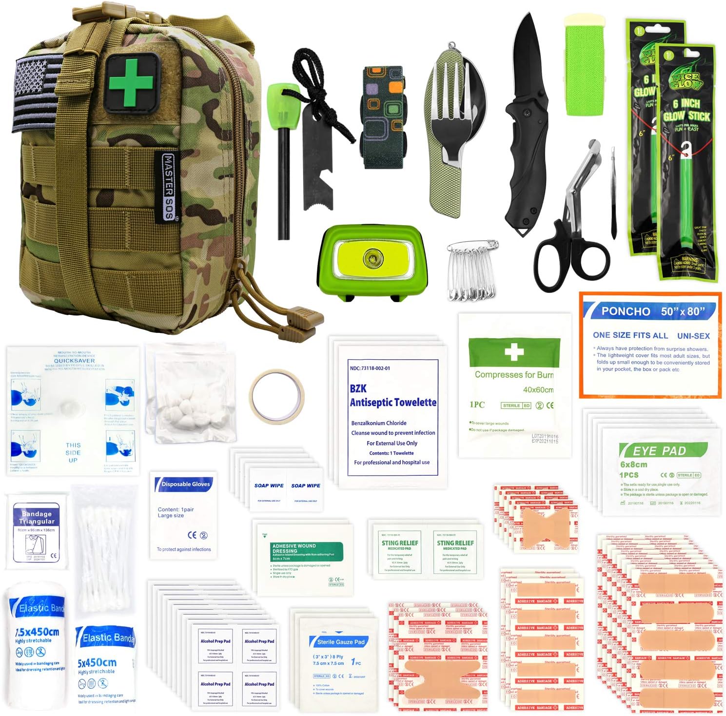 MASTER SOS First Aid Survival Kit with MOLLE System, 260 Pc Set, Rugged EDC Military Trauma Bag for Outdoor Survivalists, Camping, Emergency EMT Response, Hiking and Earthquake Safety