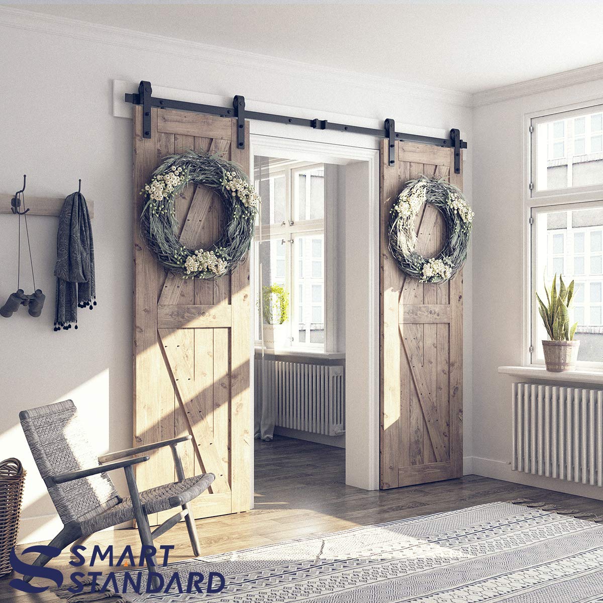 8ft Heavy Duty Double Door Sliding Barn Door Hardware Kit -Smoothly and Quietly -Simple and Easy to Install -Includes Step-by-Step Installation Instruction - Fit 24 Inch Wide Door Panel (J Shape)