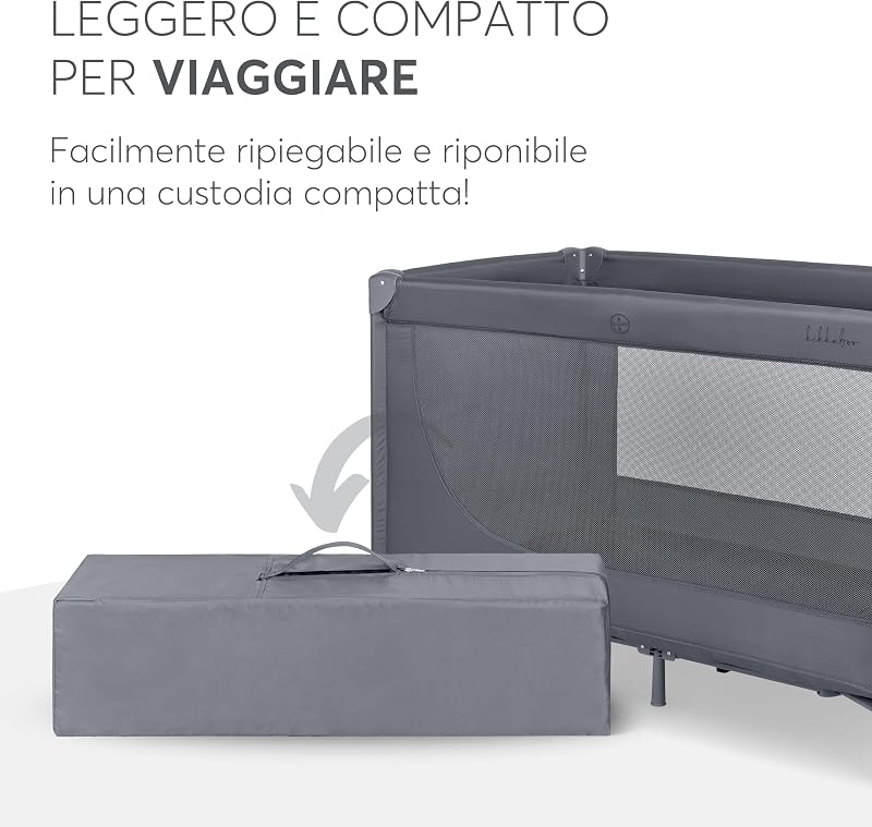 KikkaBoo Lettino da Campeggio SO GIFTED 2026, Culla Neonato da Viaggio 120x60 cm, Fino a 15 kg, Pieghevole, Portatile e Compatto, Borsa da Trasporto, Grigio Scuro