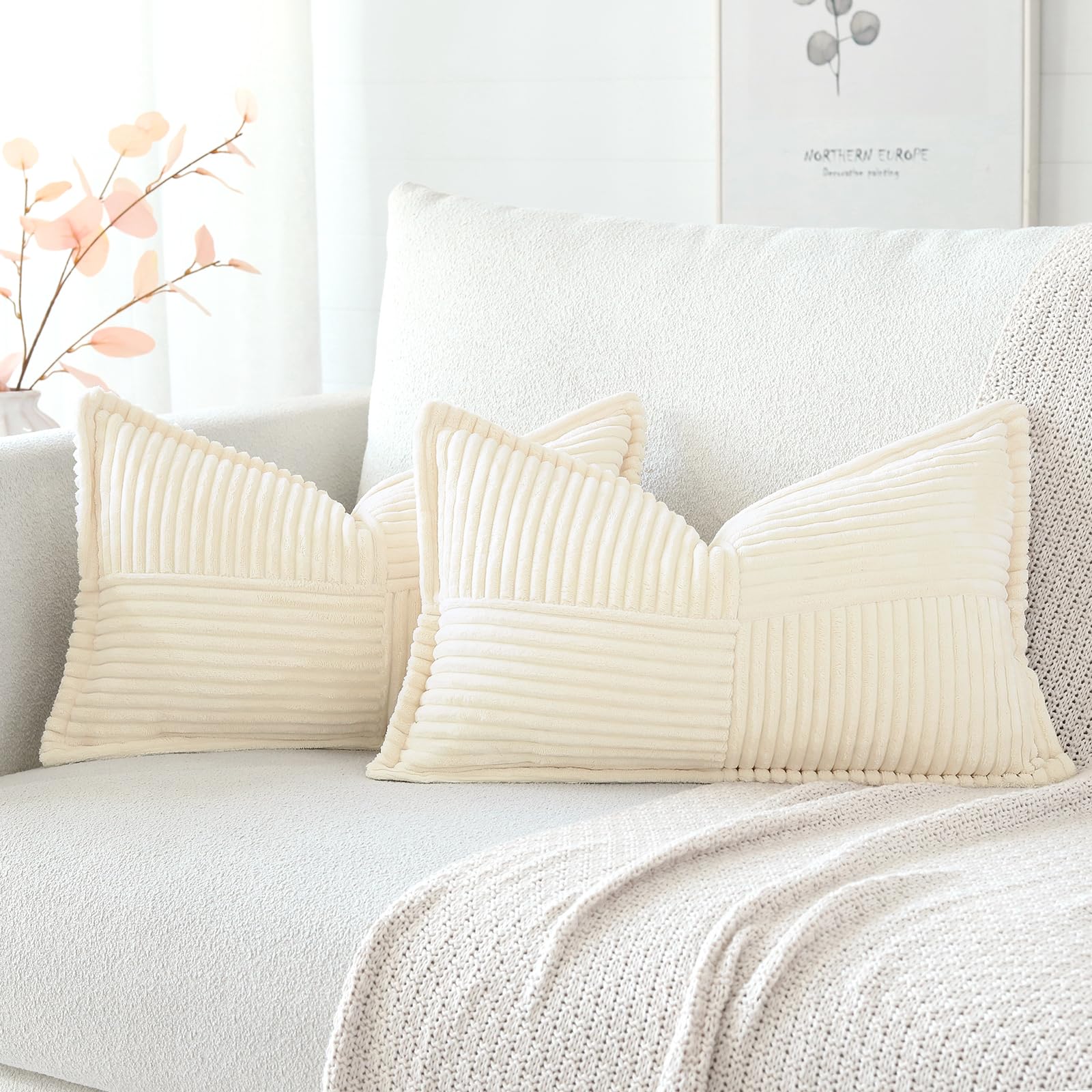 Artscope Corduroy Cushion Covers Pack of 2 Modern Patchwork Throw Pillow Covers Soft Pillowcase Broadside Decorative Textured Cushions for Home decor Sofa Bedroom Couch Cream Beige 40x60cm