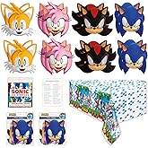 Sonic Birthday Party Decorations for 16 - Bundle with Sonic Table Cloth, 16 Character Masks, Checklist - Party Supplies