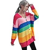 Floerns Women's Rainbow Striped Print Button Front Long Sleeve Cardigan Sweater