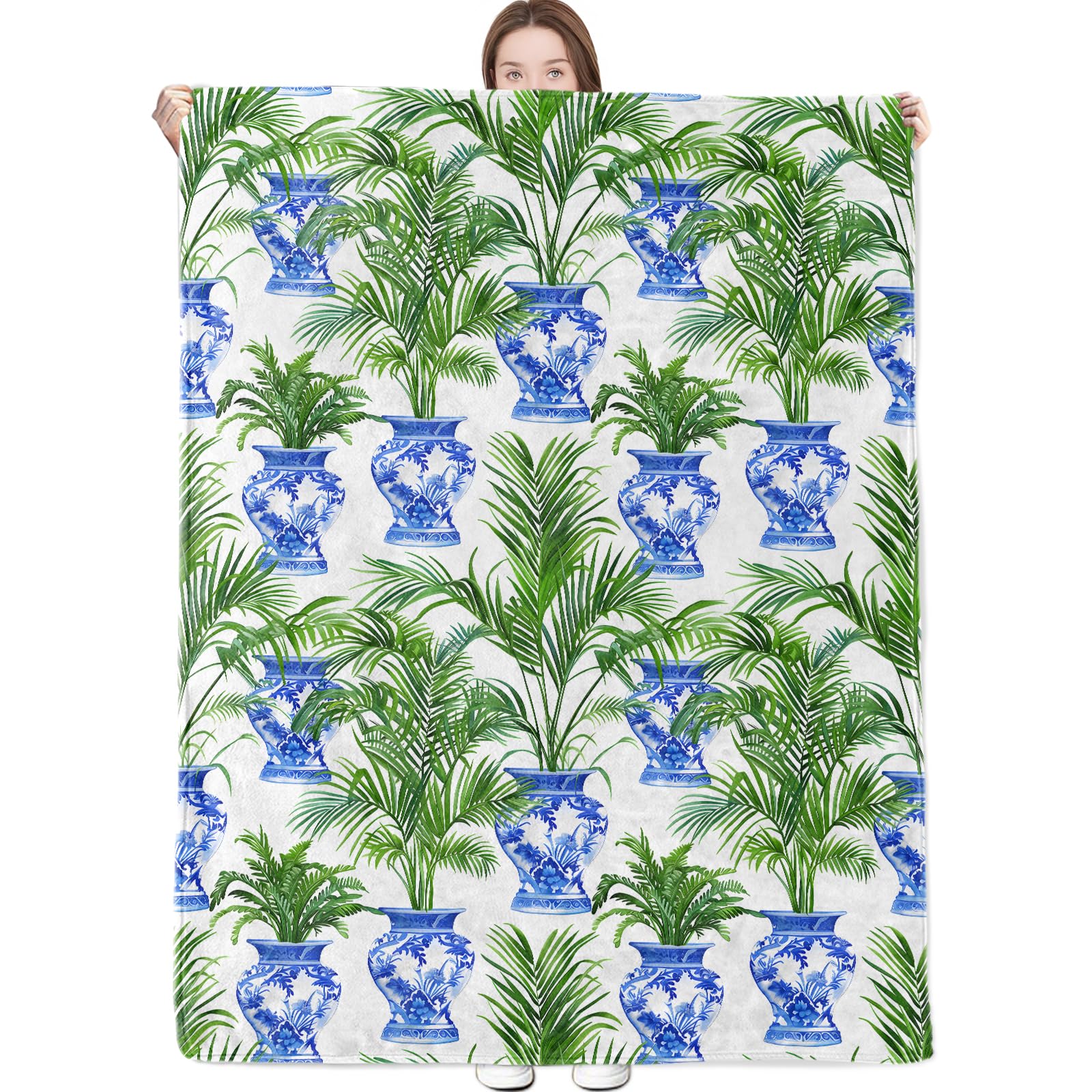 Photo 1 of DONGPROM Porcelain Vase and Palm Blanket Chinoiserie Throw Blankets with Blue Vases and Tropical Plant Lightweight Flannel Throws for Couch Chair Bed Home Decor Gifts for Adults,60x50inch