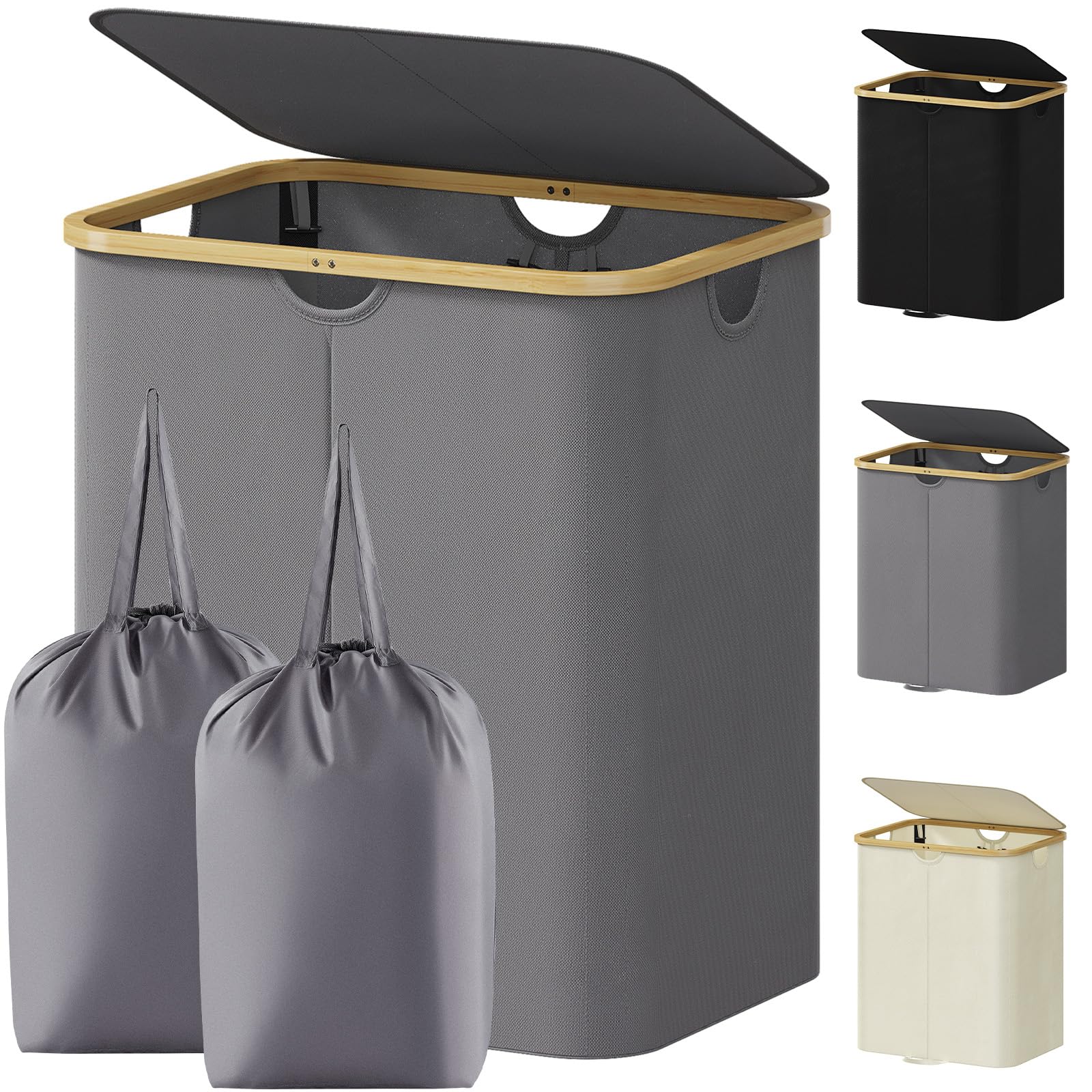 Lifewit 125L Laundry Basket with Lid, Double Dirty Clothes Bin with Bamboo Handles and 2 Removable Bags, Large Foldable Washing Basket for Bedroom, Bathroom, Dorm, Laundry Room, Grey