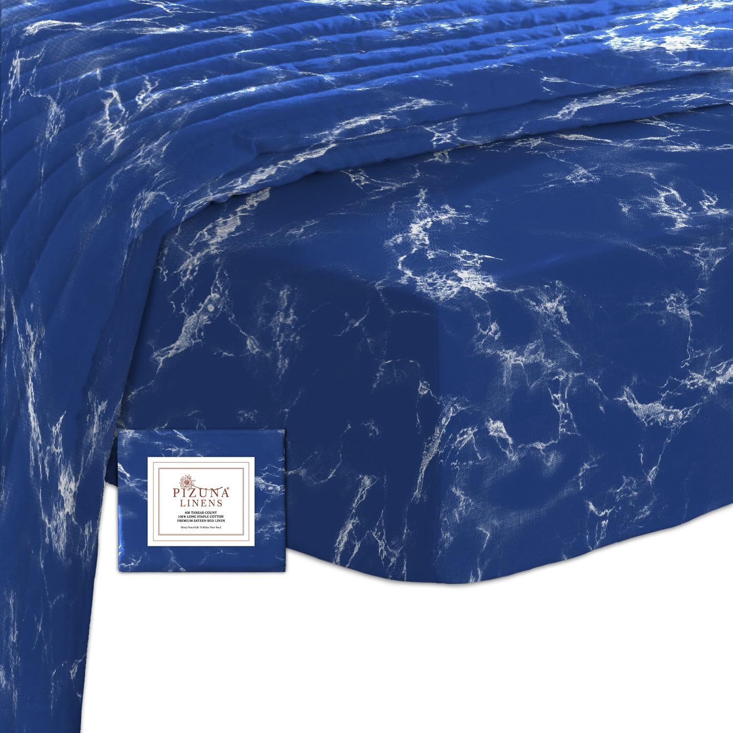 Pizuna Cotton Marble Blue Printed Fitted Sheets Double Bed 400 thread Count 100% Long Staple Sateen Cotton Printed Double Fitted Sheet 140x200 of 40 cm Deep Pocket 1 Pc (Bed Sheets Double) — image 1