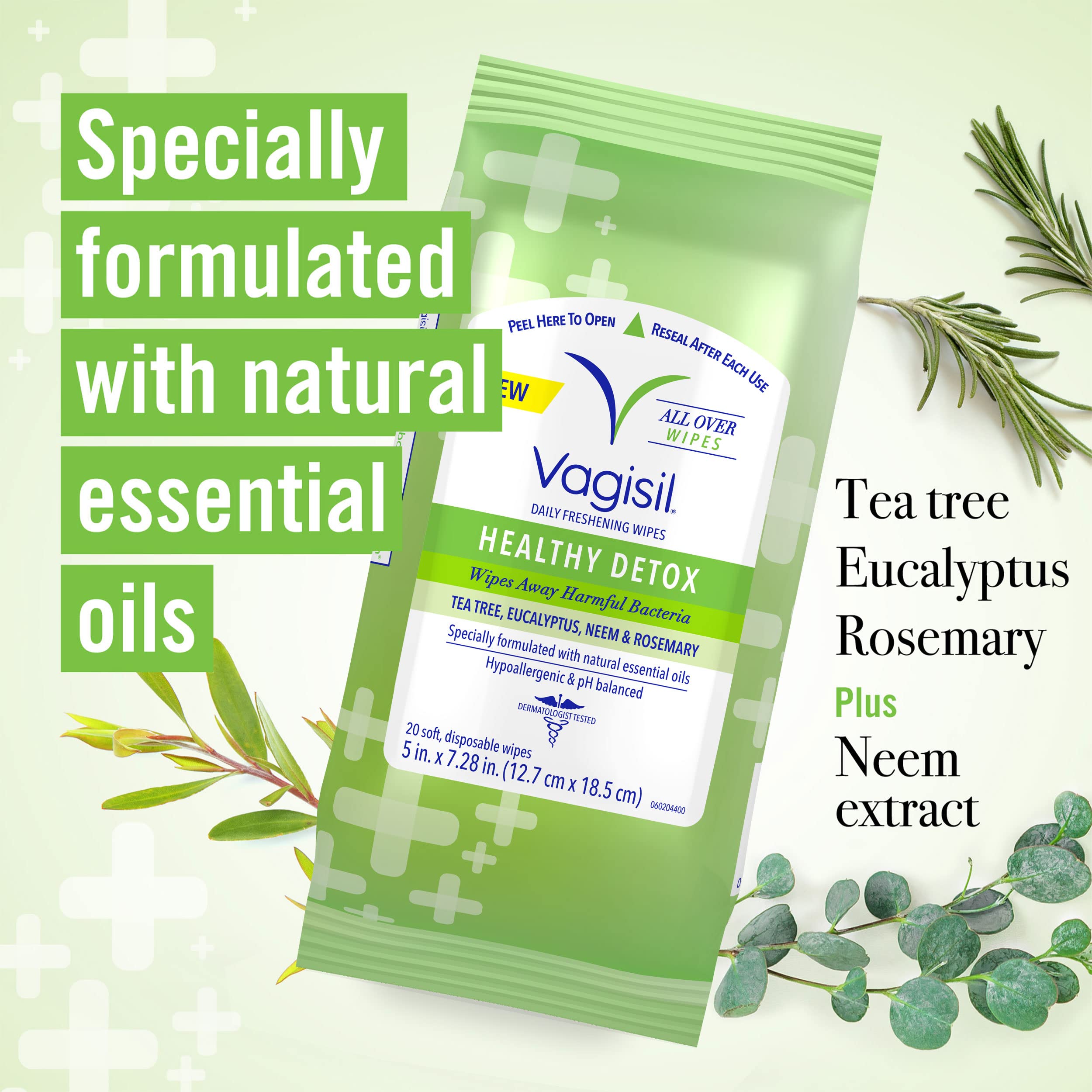 Vagisil Wipes for All Over Cleaning, Health Detox, Formulated with Essential Oils, 20 Wipes in a Re-Sealable Pouch (Pack of 1)