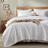 LEAONME Cotton Quilt Set Queen Size, White Lightweight Coverlet Bedspread, 3 Piece Textured Bedding Set with 2 Pillow Shams, 90x98 in