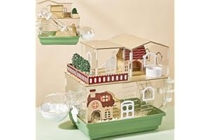 ECOCEN 12 in 1 Clear Acrylic Hamster Cage with All Accessories,13.5''L* 10''W* 15''H Dwarf Hamster Cage,Magnetic Connection Small Hamster Enclosure,Garden Style Wooden Mouse Cage for Pet Mice(2-Layer,Green)
