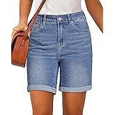 luvamia Jean Shorts for Women High Waisted Trendy Causal Summer Fold Hem Stretchy Long Denim Shorts 7 Inch Inseam