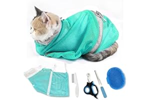 MSMUOEZ Adjustable Multifunctional Anti-Bite Shower net Bag，Cat Grooming Mesh Bag, Cat Bathing Bag，Cat Bath Brush and Cat Nail Clipper(A-Green)