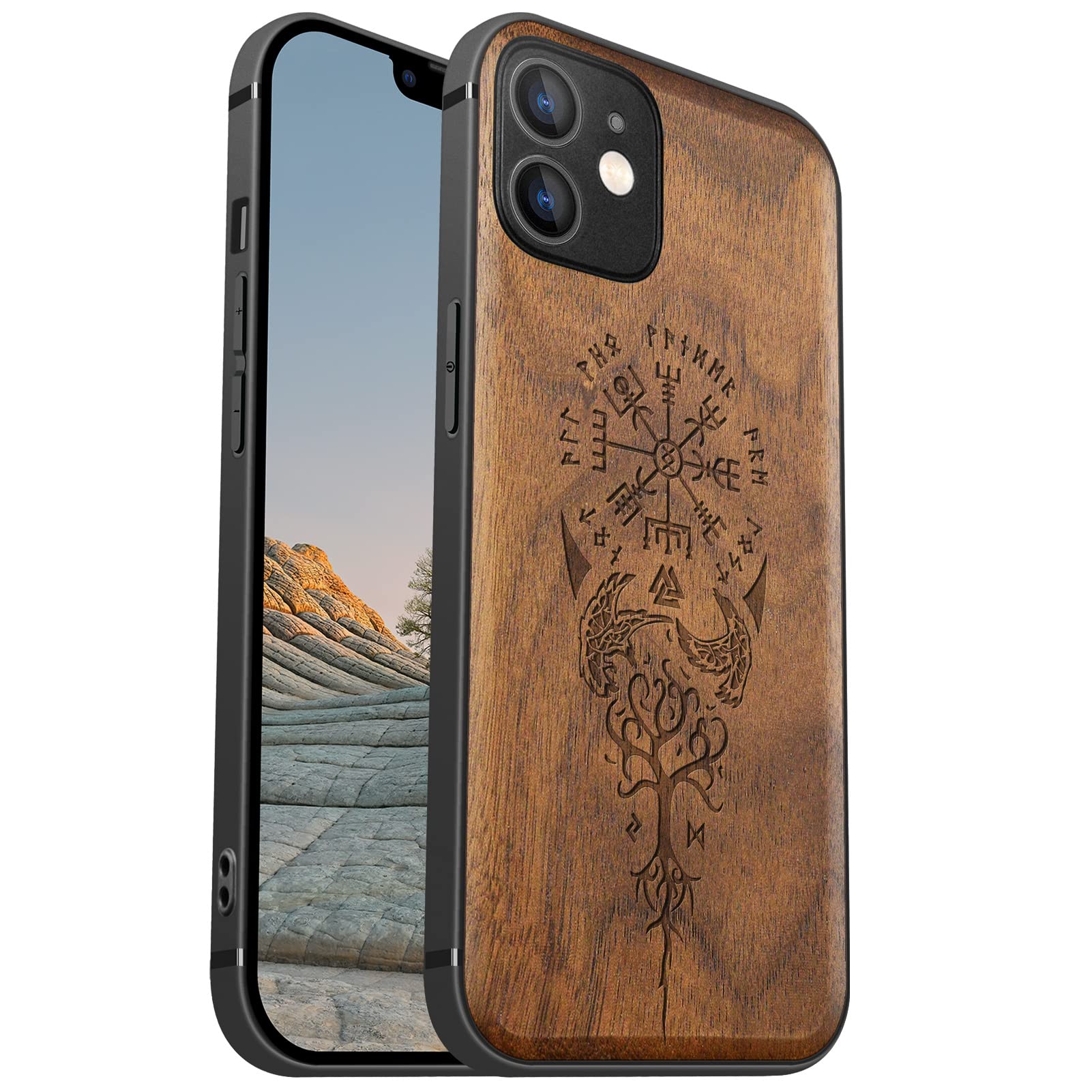 Carveit Magnetic Wood Case for iPhone 12 - Hard Walnut Wood & Soft TPU Shockproof Hybrid Protective Cover - Unique & Classy Viking Compass Vegvisir Design - Compatible with MagSafe