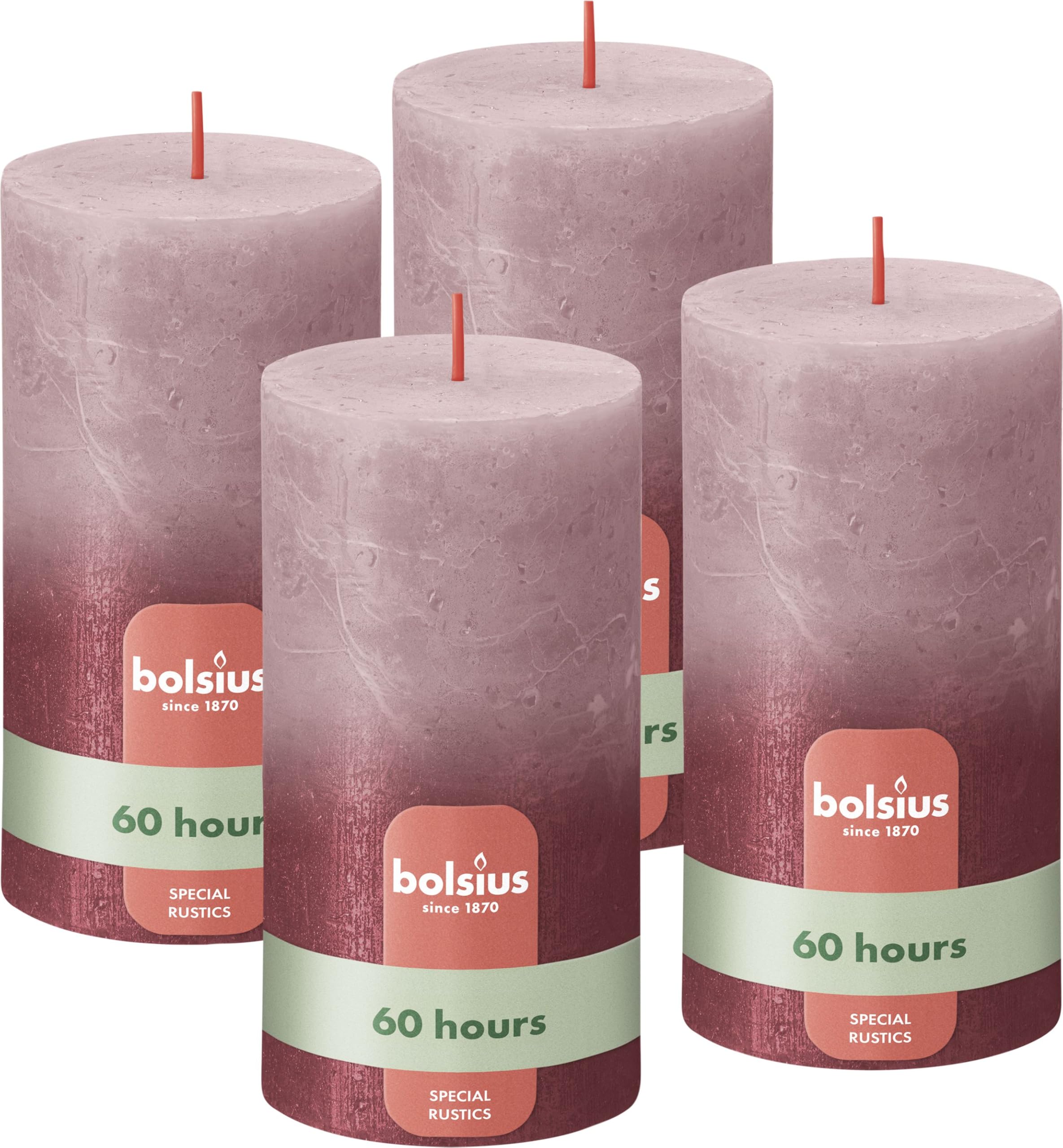 Bolsius Rustic Pillar Candle - Fading Metallic - Ash Rose & Red - Pack of 4 - Burning Time 60 Hours - Interior Decoration - Includes Natural Vegan Wax - No Palm Oil - 13 x 7 cm