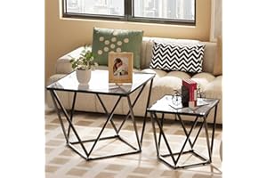 Azheruol Nesting Coffee Table Set of 2,Square Transparent Tempered Glass Side Table,Modern Metal Frame End Table, Nesting Tea Table for Living Room,Bedroom,Studio