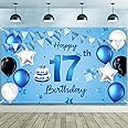 Happy 17th Birthday Backdrop Banner Extra Large Fabric Birthday Sign Poster Photography Background Backdrop Banner for 17 years old Anniversary Party Decorations, 72.8 x 43.3 Inch (Stylish 17th)