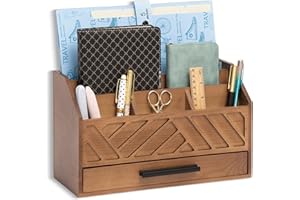 dreampossible Brown Wood Desk Organizer and Accessories with Drawer, Bill Mail Organizer and File Mail Holder for Office Supplies, Modern Desk Accessories & Workspace Organizers for Desk Organization