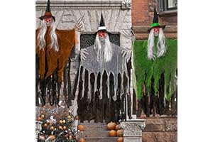 ERPMEL Halloween Hanging Decorations Outdoor - 3 Pack 41" Halloween Hanging Ghost Skeleton with Wizard Hat with Glowing Eyes for Halloween Porch Yard Garden Tree Outside Decorations