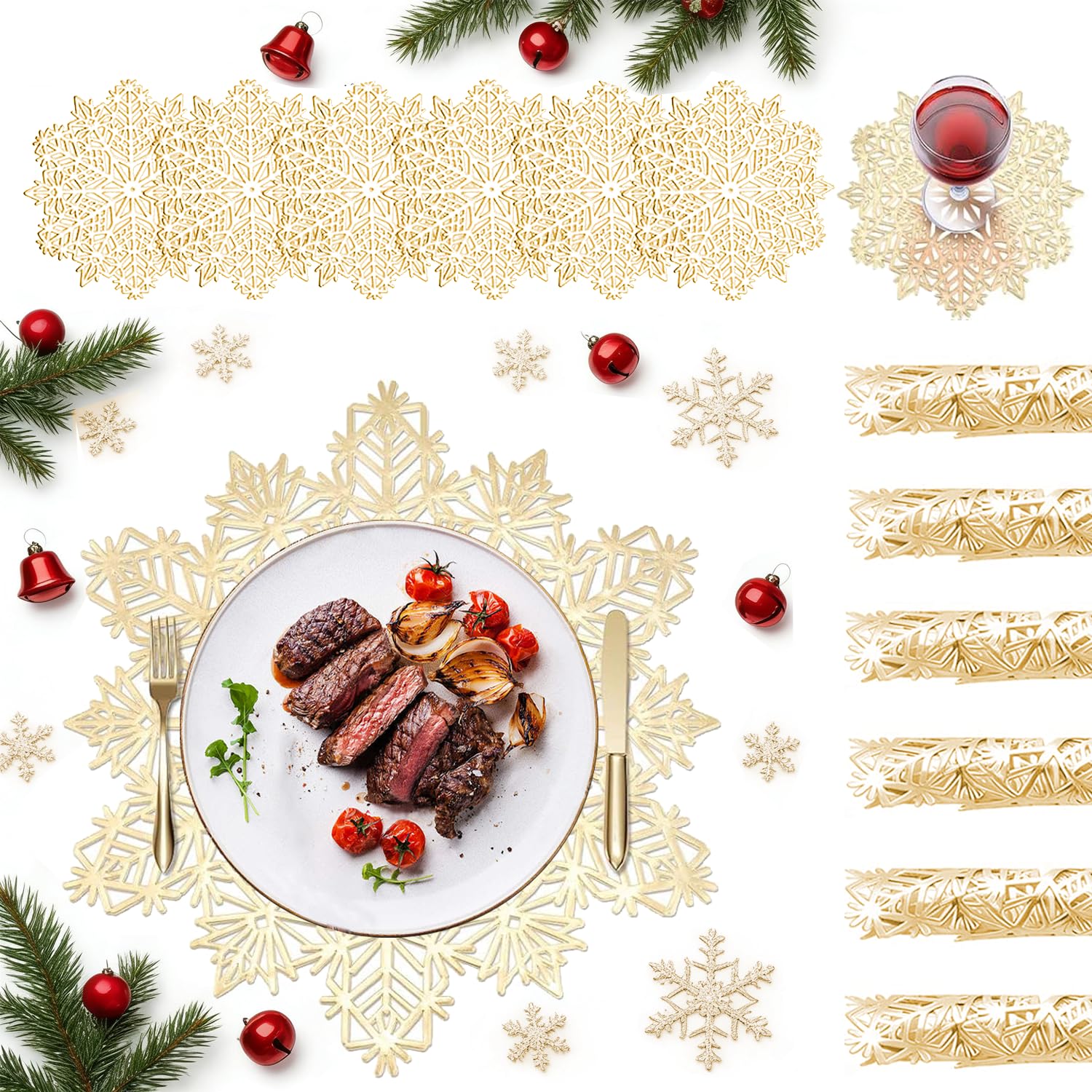 Norhogo 6 pcs SnowFlake Placemats and 6 pcs Coaster Sets, gold table mats, Christmas Snowflake Placemats, Festival Table Decorations for Christmas, Wedding, Dinner Parties, Restaurant, Hotel, 38cm