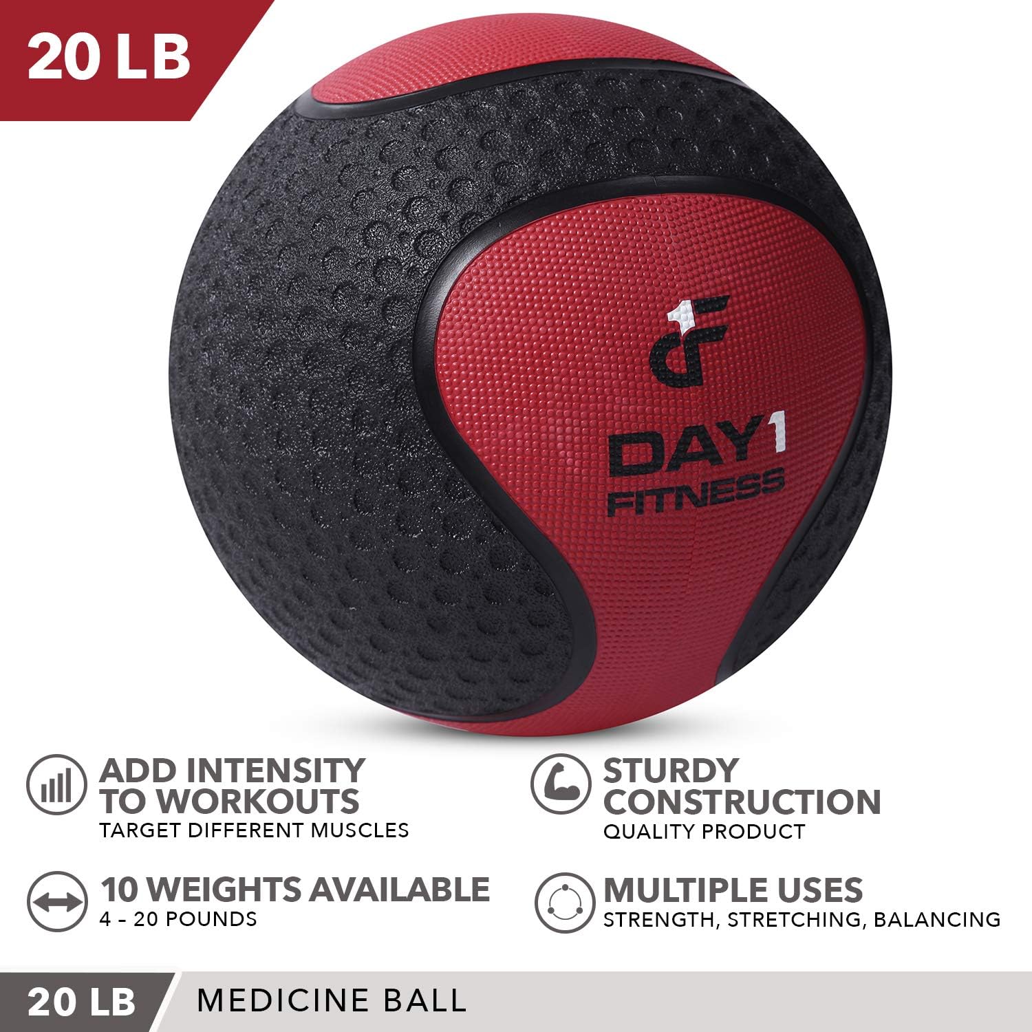 Medicine Exercise Ball with Dual Texture for Superior Grip by Day 1 Fitness - 20 Pounds - Fitness Balls for Plyometrics, Workouts - Improves Balance, Flexibility, Coordination : Sports & Outdoors