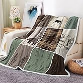 Rustic Cabin Bear Deer Weighted Thick Throw Blanket for Couch, Green Hunting Camper Woodland Farmhouse Lodge Plaid Check Soft Cozy Chunky Fleece Flannel Blanket for Bed Office (50X60 Inches)