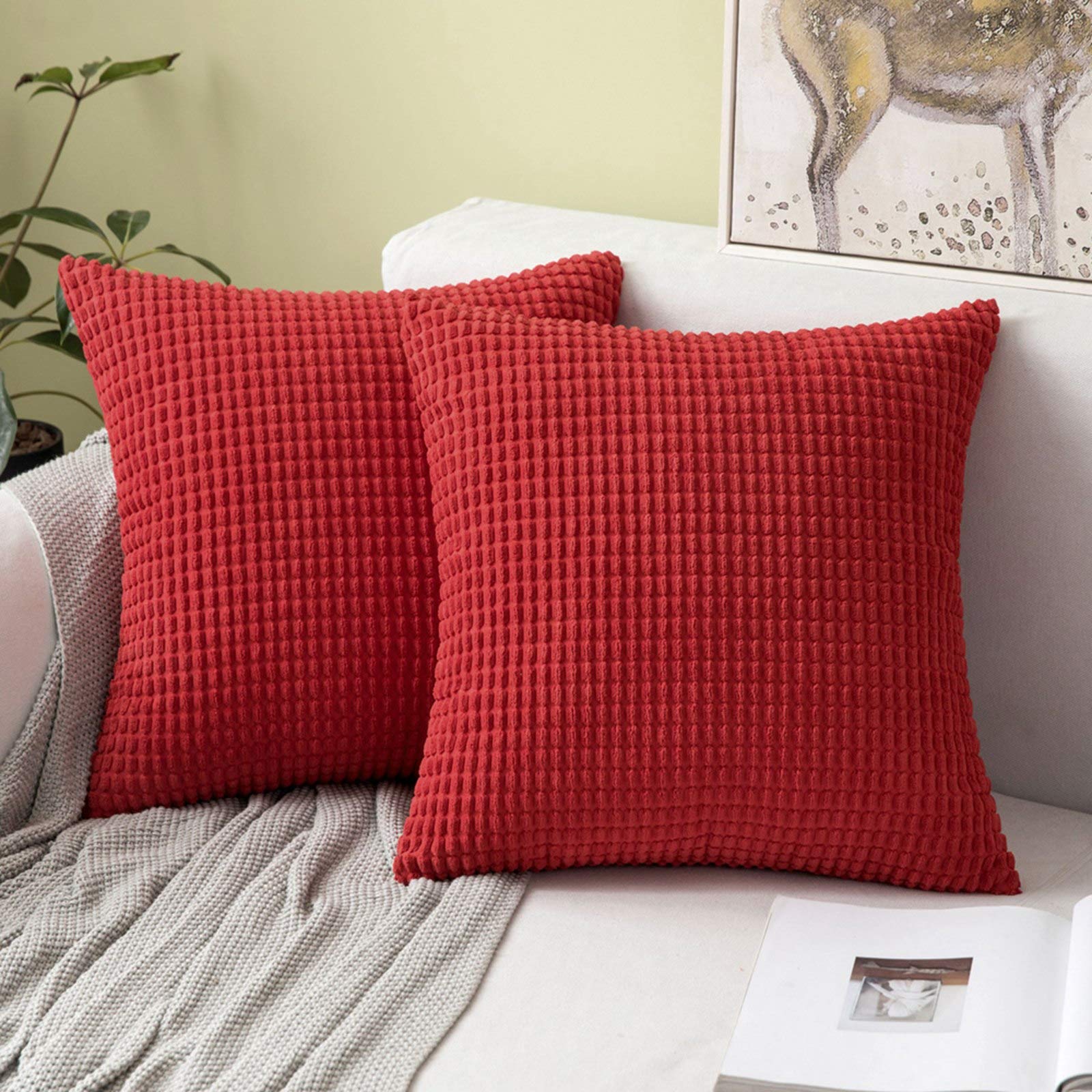 MIULEE Set of 2 Cushion Covers Cushions Decorative Corduroy 20x20 Inches, 50cm x 50cm Striped Solid Square Throw Pillow Cases for Sofa Couch Home Bedroom Red