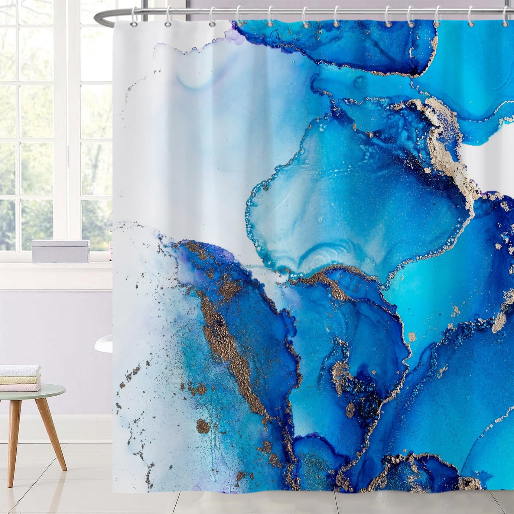 Ttincceer 71x71inch Marble Shower Curtain Navy Blue Ink Pattern 3D Sand Shower Curtains Ombre Abstract Bathroom Decorative Curtain Waterproof Bathtub Curtain, 180x180cm