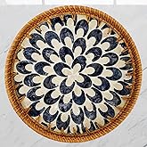 Laquedecraft 11.8' Wicker Round Rattan Mother of Pearl Serving Basket Tray for Décor Coffee Table | Large Boho Circle Woven Decorative Trays for Outdoor, Home, Kitchen Display (Black Moon)